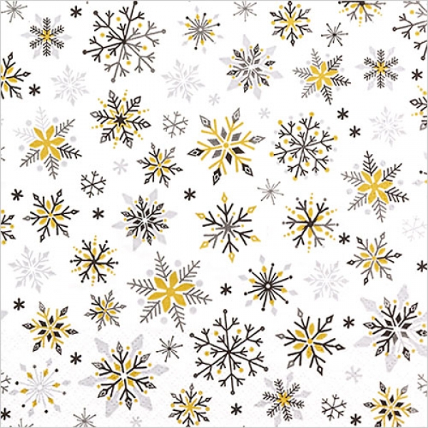 20er Pack Servietten Eiskristalle in Schwarz/Gold, 33 x 33 cm.