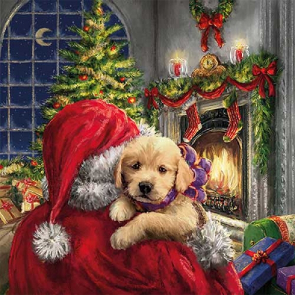 20er Pack Servietten Weihnachten, Weihnachtsmann bringt Hundewelpe, 33 x 33 cm.