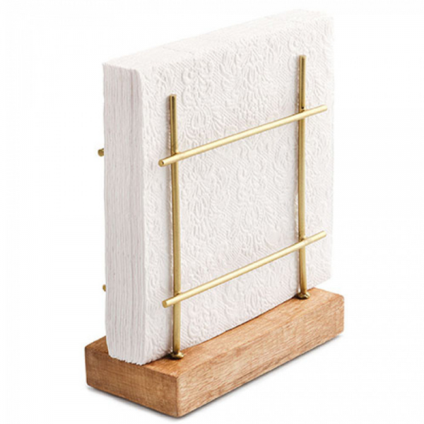 Metall Serviettenhalter Gold mit Mangoholz-Sockel, 17 cm.