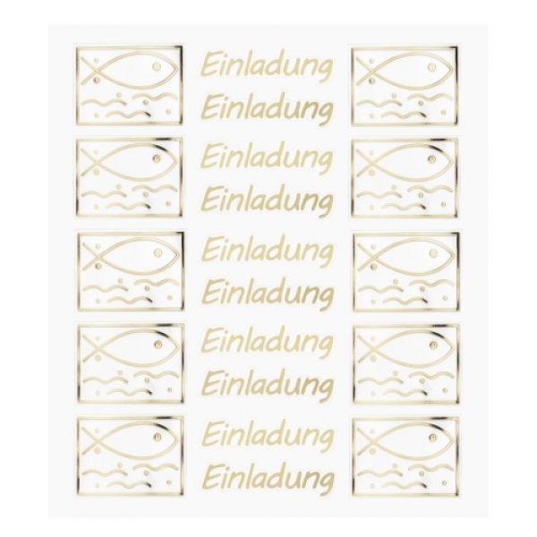 Klebe Sticker Fischmotiv -Einladung- in Gold.