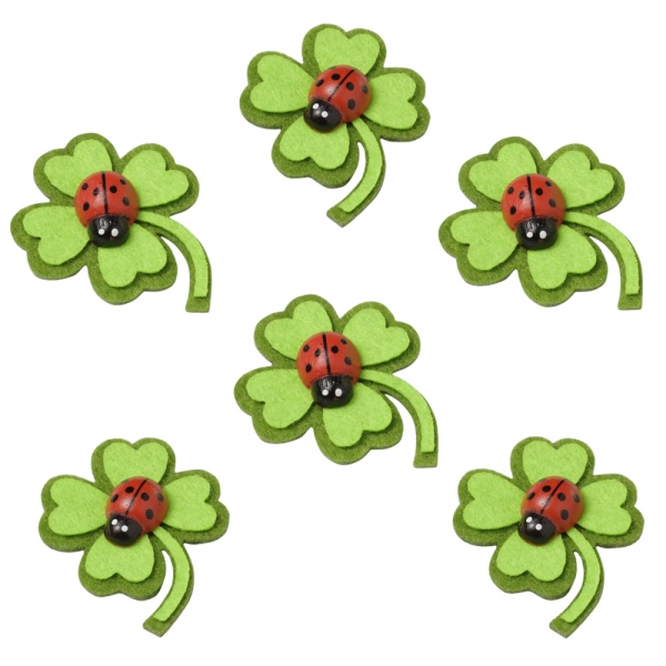 6 Filz Streudeko Kleeblätter mit Marienkäfer, 35 mm.