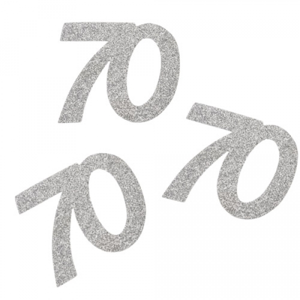 10 Streuteile Zahl 70 in Silber glitzernd, 55 mm.