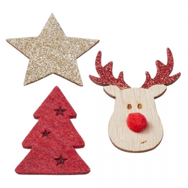 3-tlg. Holz Streudeko Weihnachtsset in Rot/Gold glitzernd, 45 - 60 mm.