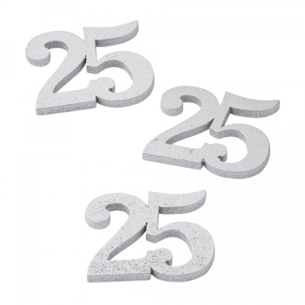 12 Holz Streuteile Jubiläumszahl 25 in Silber, 30 mm.