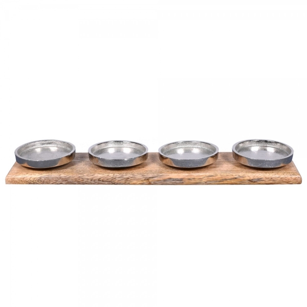 Adventskranz Holzbrett mit 4 Metall Kerzenhaltern, in Braun/Silber, 42 cm