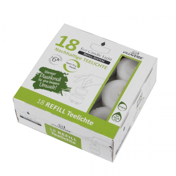 18 Wachsrohlinge, Teelichter für Refill System Hüllen, 6 h Brenndauer.