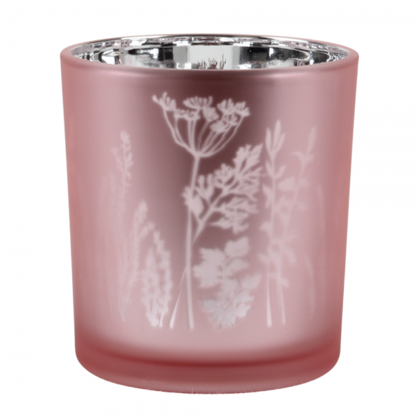 Teelichtglas Blumenwiese in Rosa matt, verspiegelt, 80 mm.