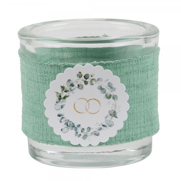 Teelichtglas Hochzeit, Eukalyptus, Eheringe, 65 mm.