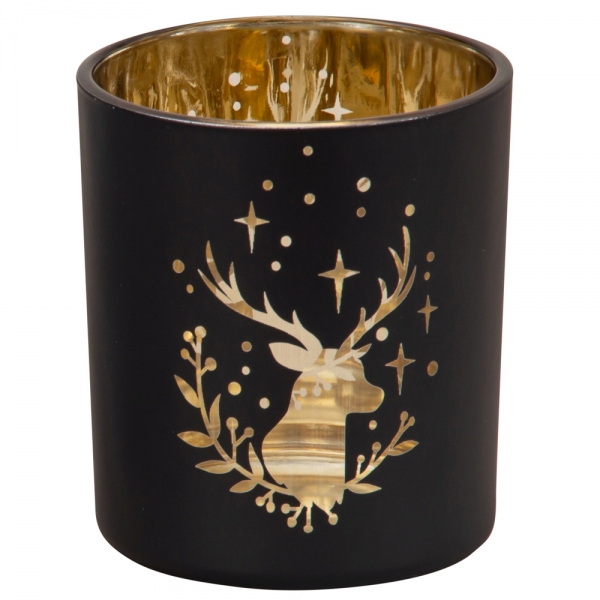 Teelichtglas Hirschkopf in Schwarz/innen gold verspiegelt, 78 mm.