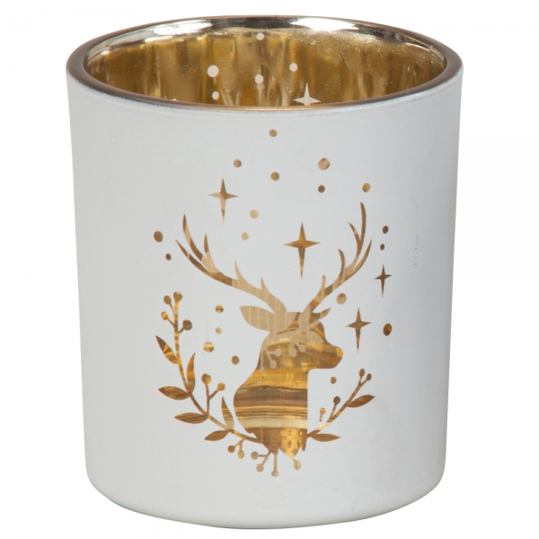 Teelichtglas Hirschkopf in Weiß/innen gold verspiegelt, 78 mm.