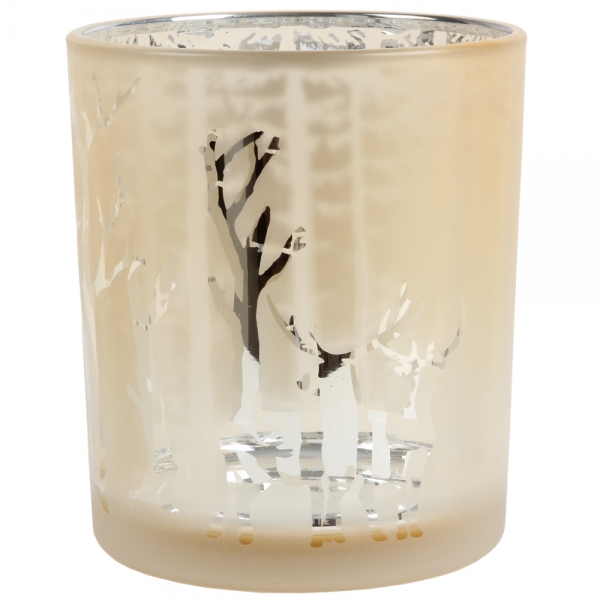 Teelichtglas Hirsche im Wald in Champagner, innen silber verspiegelt, 10 cm.
