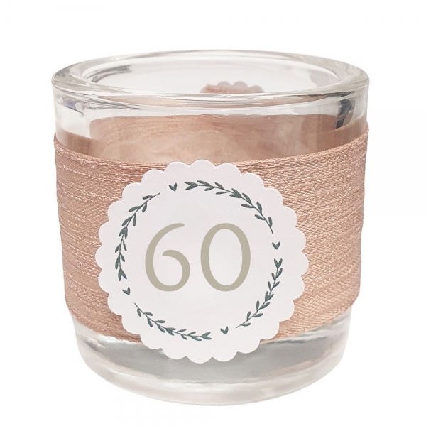 Teelichtglas Geburtstag, Kranz mit auswählbarer Jahreszahl, 65 mm.