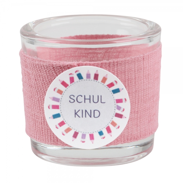 Teelichtglas Einschulung in Rosa, Schriftzug in Flieder, 65 mm.