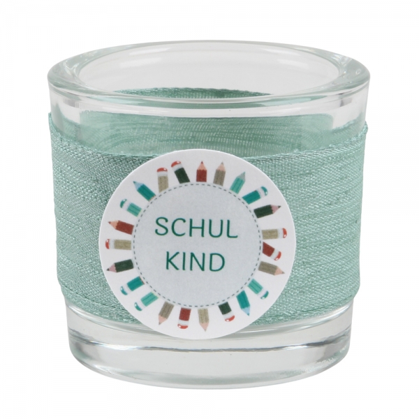 Teelichtglas Einschulung in Eukalyptus, Schriftzug in Grün, 65 mm.