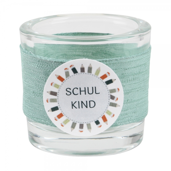 Teelichtglas Einschulung in Eukalyptus, Schriftzug in Tafelgrün, 65 mm.