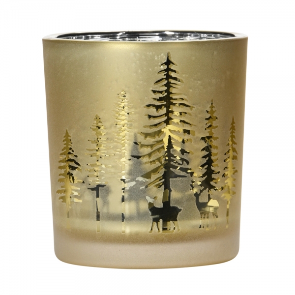 Teelichtglas Winterwald in Gold, innen verspiegelt, 80 mm.