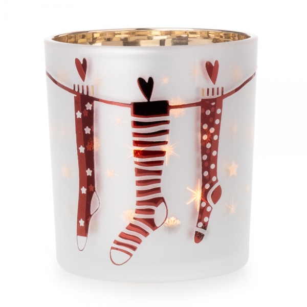 Teelichtglas Weihnachtsstrümpfe in Rot/Weiß, innen verspiegelt, 80 mm.