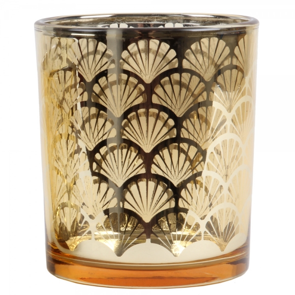Großes Teelichtglas, Windlicht Art Déco in Gold verspiegelt, 10 cm.