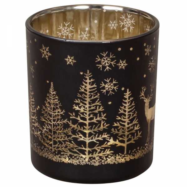 Teelichtglas Winterwald mit Hirsch in Schwarz/Gold verspiegelt, 78 mm.