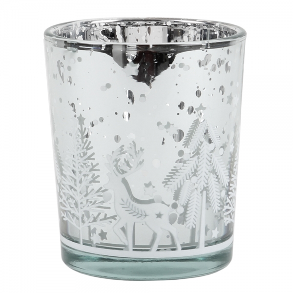 Teelichtglas Winterszene mit Hirsch in Silber verspiegelt, 67 mm.