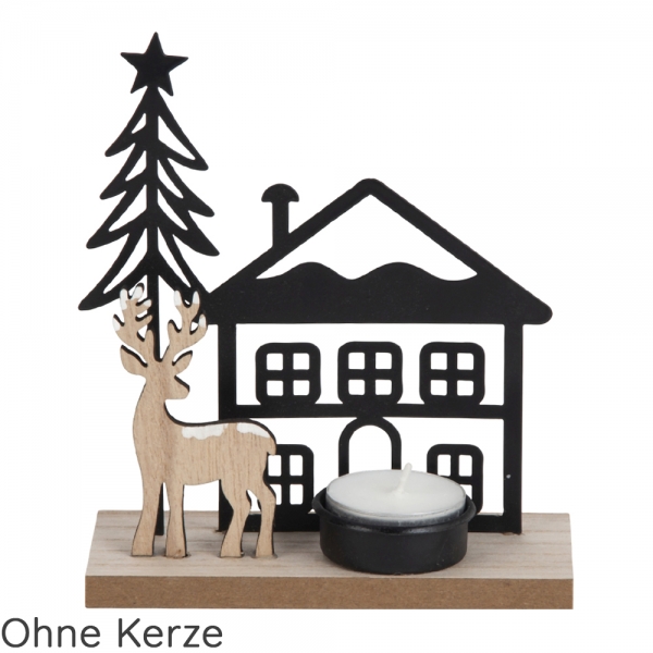 Teelichthalter Winterhaus mit Hirsch in Schwarz/Hellbraun, 15 cm.