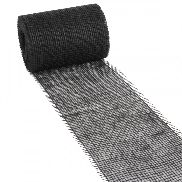 10 Meter Jute Tischband, schmal, grobmaschig in Schwarz, 15 cm.