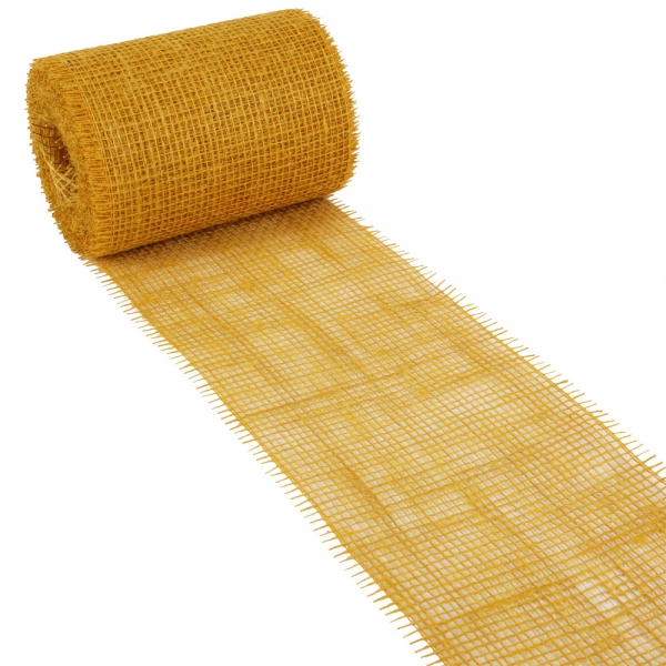 10 Meter Jute Tischband, schmal, grobmaschig in Senfgelb, 15 cm.