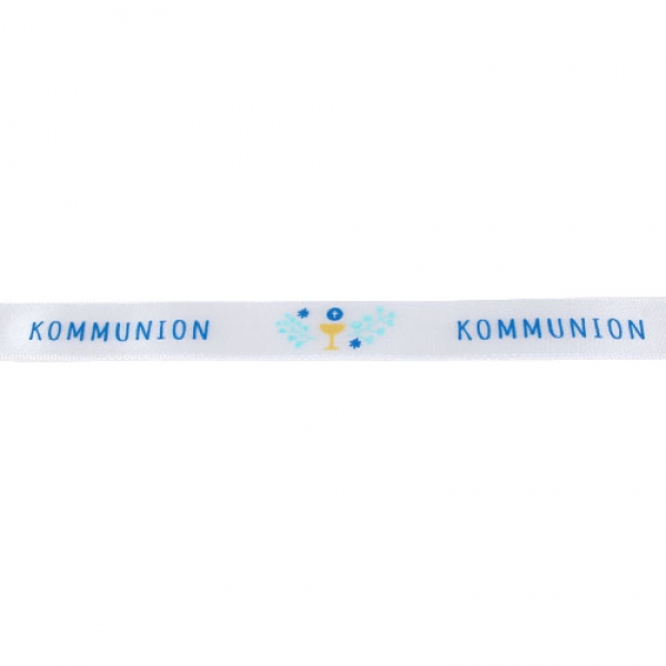 20 Meter Tischband, Schleifenband -Kommunion- in Weiß/Blau, 15 mm .