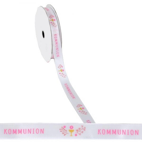 20 Meter Tischband, Schleifenband -Kommunion- in Weiß/Rosa-Pink, 15 mm