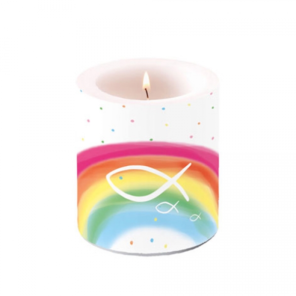 Tischkerze Kommunion, Regenbogen Fisch, bunt, 90 mm.