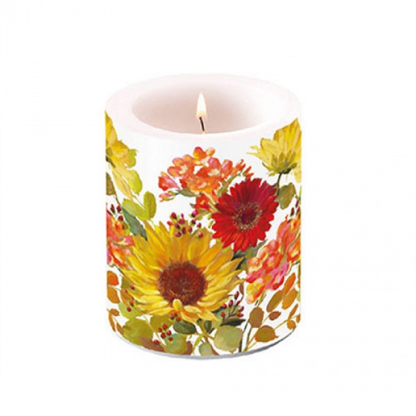 Tischkerze Sonnenblumen, Gerbera und Blätter, 90 mm.