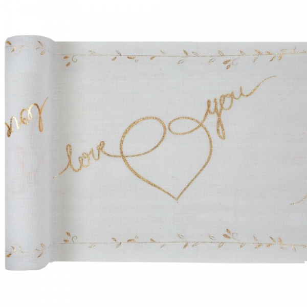 3 Meter Baumwoll Tischläufer Hochzeit, -Love You- in Wollweiß/Gold, 28 cm.