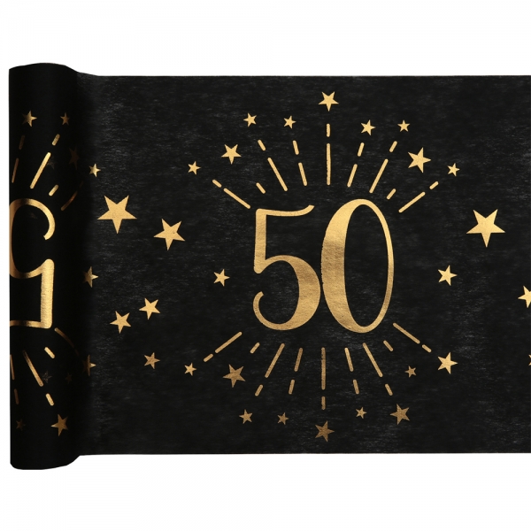 5 Meter Vlies Tischläufer Geburtstag -50- in Schwarz/Gold, 30 cm.