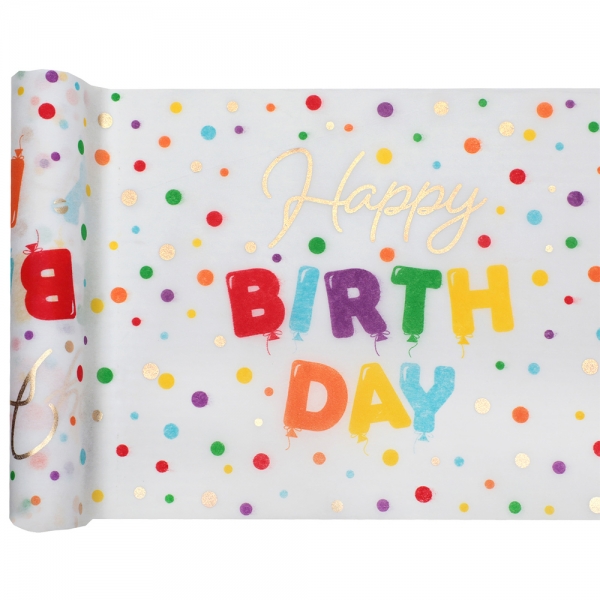 3 Meter Vlies Tischläufer Geburtstag -Happy Birthday-, bunt/Gold, 28 cm.