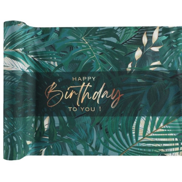 3 Meter Stoff Tischläufer Geburtstag -Happy Birthday-, Tropische Blätter, Monstera, 28 cm.