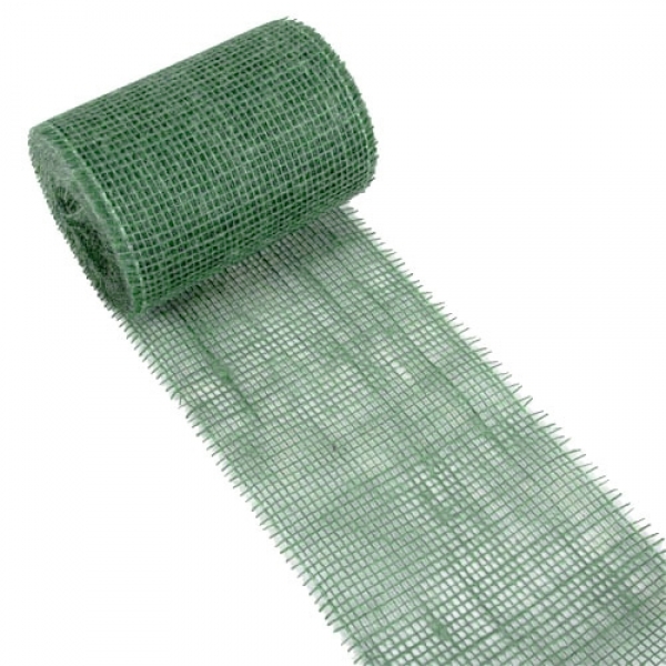 10 Meter Jute Tischband, schmal, grobmaschig in Waldgrün, 15 cm.