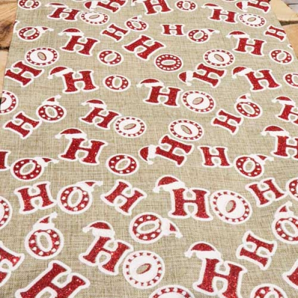 3 Meter Leinen-Optik Tischläufer Weihnachten -HoHoHo- in Hellbraun/Rot glitzernd, 28 cm.