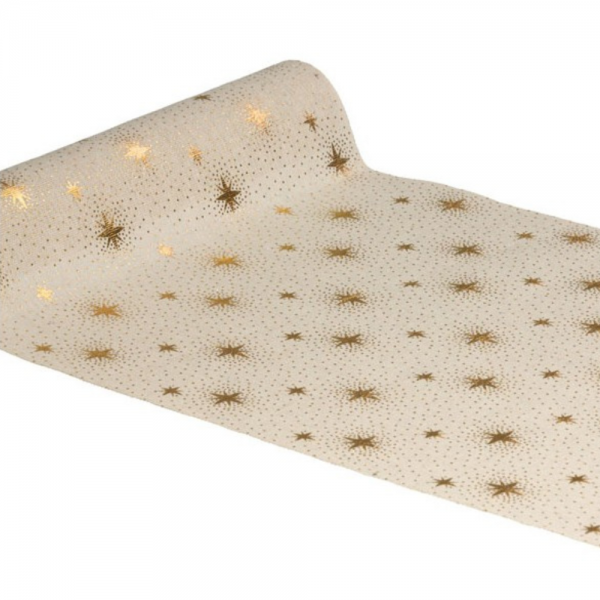 3 Meter Leinen-Optik Tischläufer Weihnachten, Sternenglanz in Gold, 28 cm.