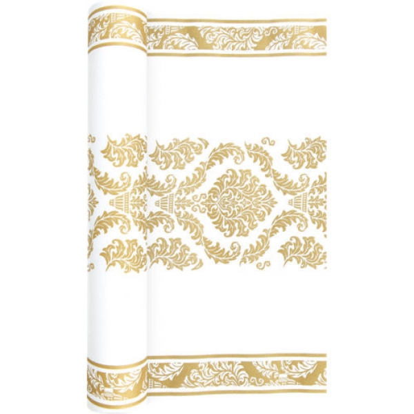 4,9 Meter Airlaid Papier Tischläufer mit Ornamenten in Gold/Weiß, 40 cm breit.