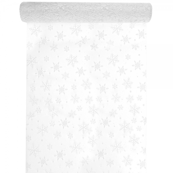 5 Meter Tischläufer Tüll, Eiskristalle in Weiß, 27 cm.