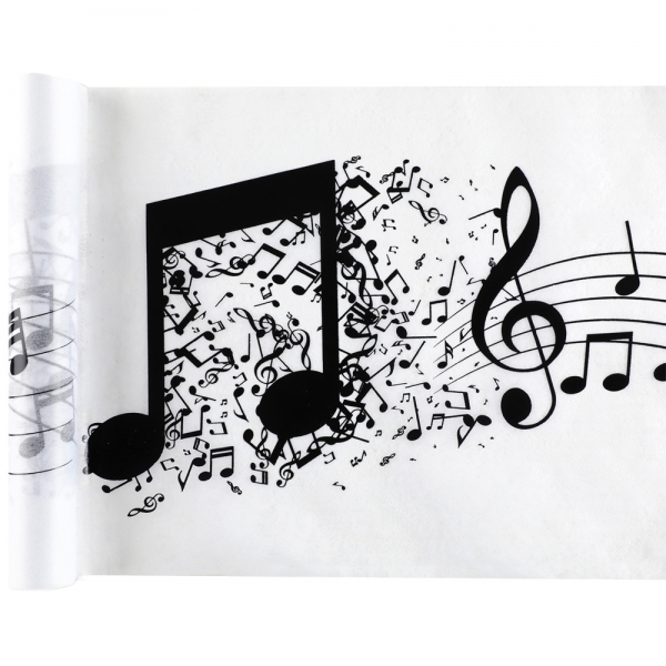 5 Meter Vlies Tischläufer Noten, Musik in Weiß/Schwarz, 30 cm breit.
