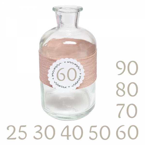Glas Flaschen Väschen, Kranz mit auswählbarer Jahreszahl, 65 mm.