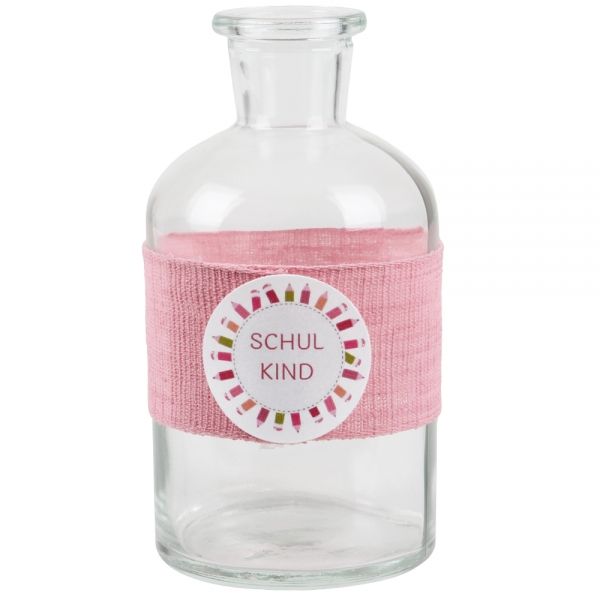 Glas Flaschen Väschen Einschulung in Rosa, Schriftzug in Pink.