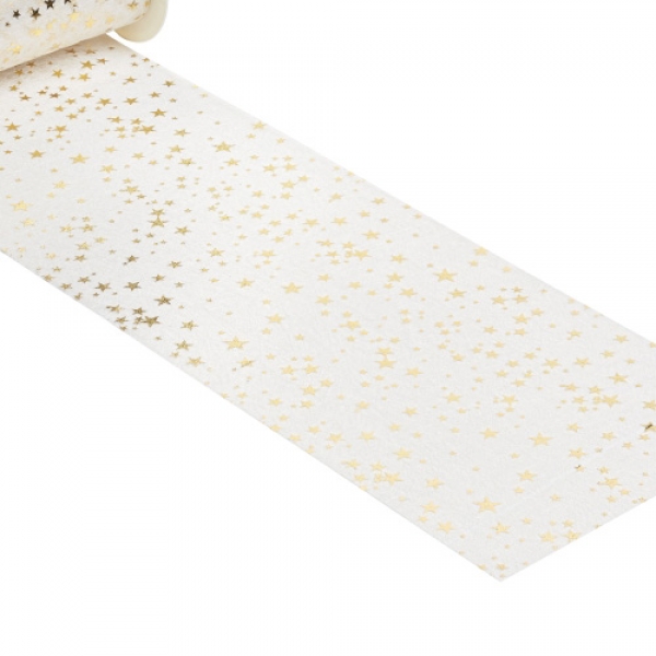 10 Meter Vlies Tischläufer Weihnachten mit Sternen in Weiß/Gold, 20 cm.