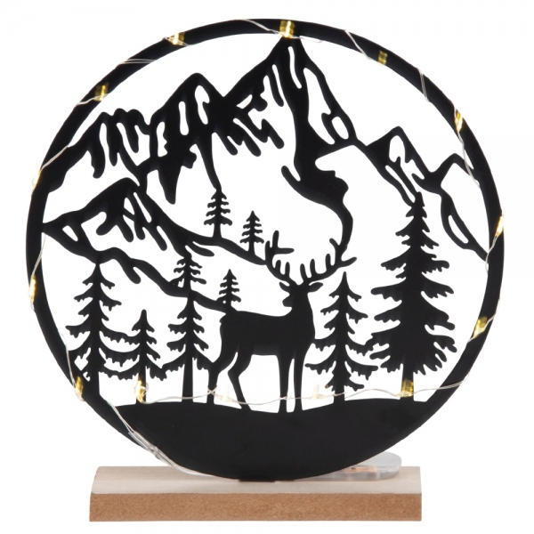 Metall Berglandschaft mit Hirsch und LED Beleuchtung, in Schwarz, 21 cm.