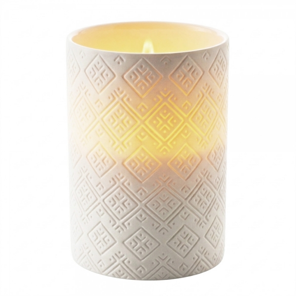 Kerze im Porzellan Windlicht, Muster: Modern in Weiß, 10 cm, 35 h Brenndauer.