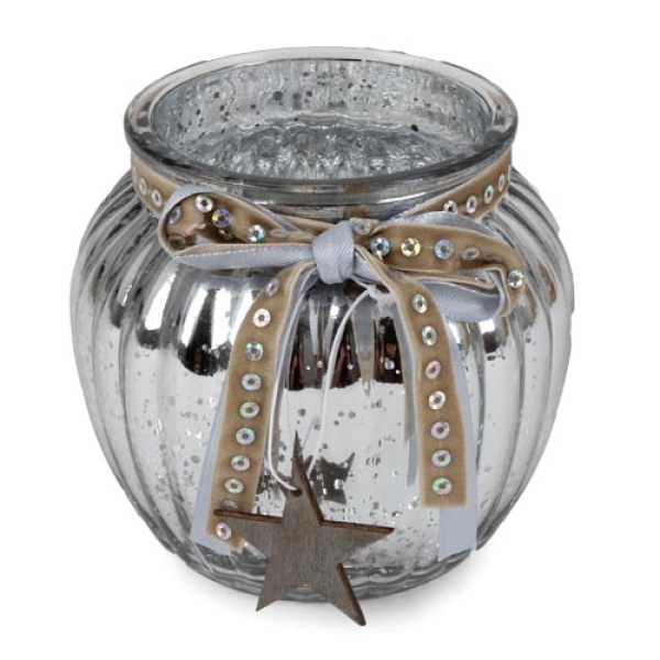 Glas Windlicht, Weihnachten mit Holz Stern in Silber verspiegelt, 10,5 cm.